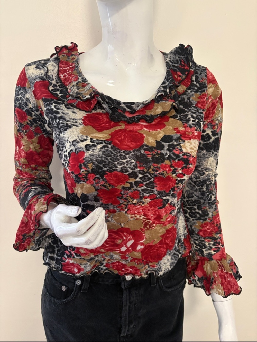 Vintage Y2K Euro Floral & Leopard Print Micro Mesh Long-Sleeve Top w Ruffles